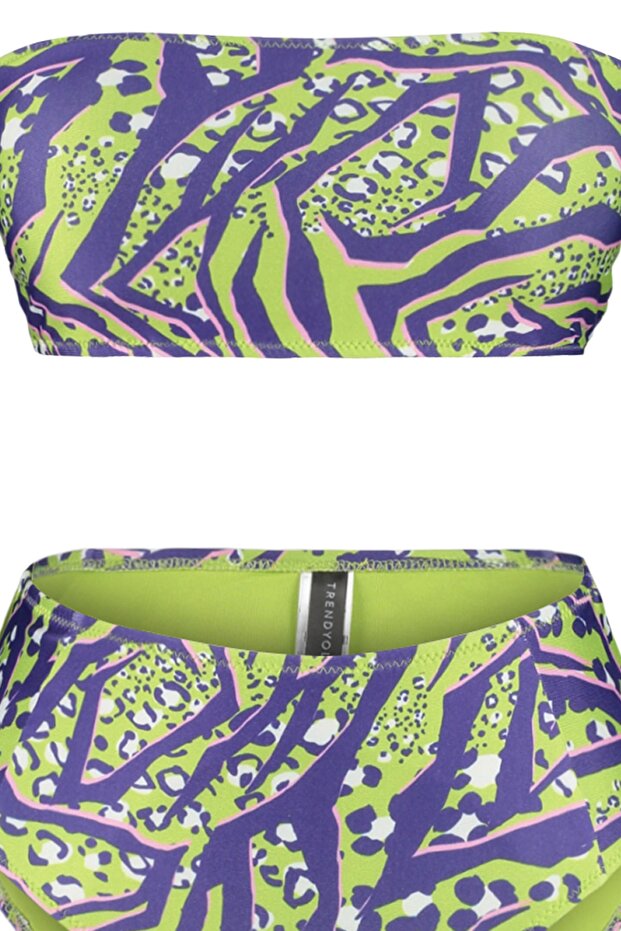 Leopar Desenli Straplez Kaplı Hipster Yüksek Bel Bikini Takımı TBESS22BT0018 - 7