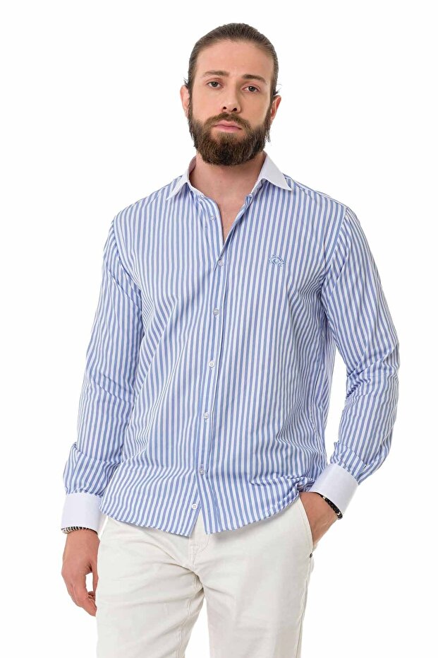 Ch192 White Collar Cuff Blue Striped Shirt
