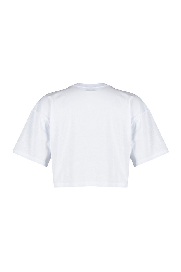Beyaz %100 Kalın Pamuklu Crop Bisiklet Yaka Örme T-Shirt TWOSS23TS00038 - 12