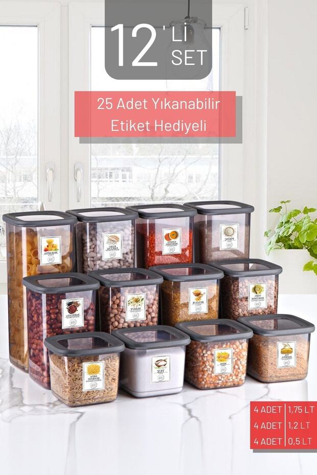 Set of 12 Labeled, Unbreakable Square Food Storage Container Anthracite X4 1.75 Lt/1.2 Lt/0.5 Lt - 1