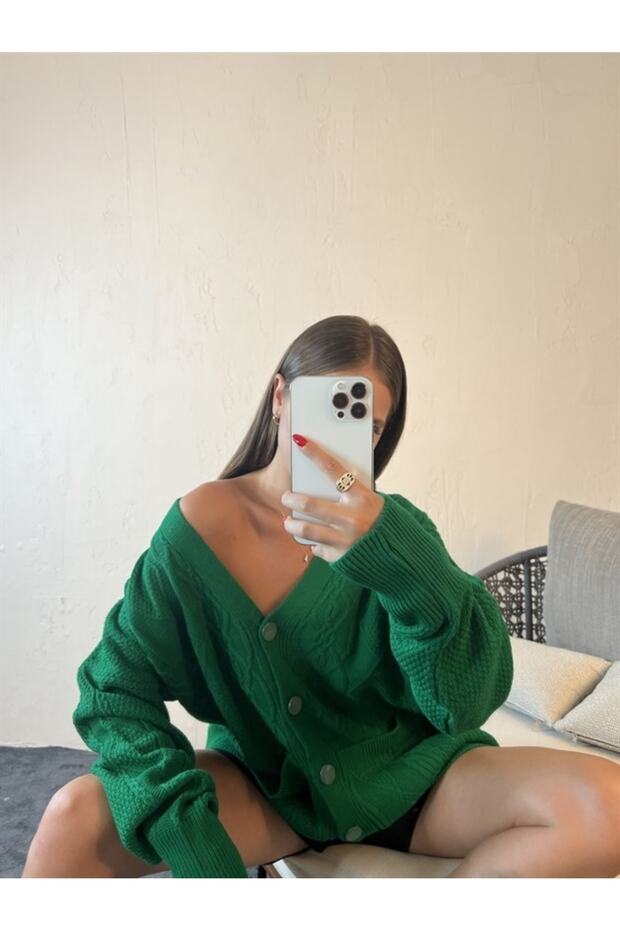 Triko Cepli Düğmeli Hırka Yeşil - 4