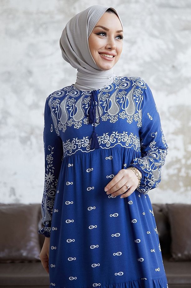 Selva Önü Püsküllü Desenli Viskon Elbise - Indigo - 3
