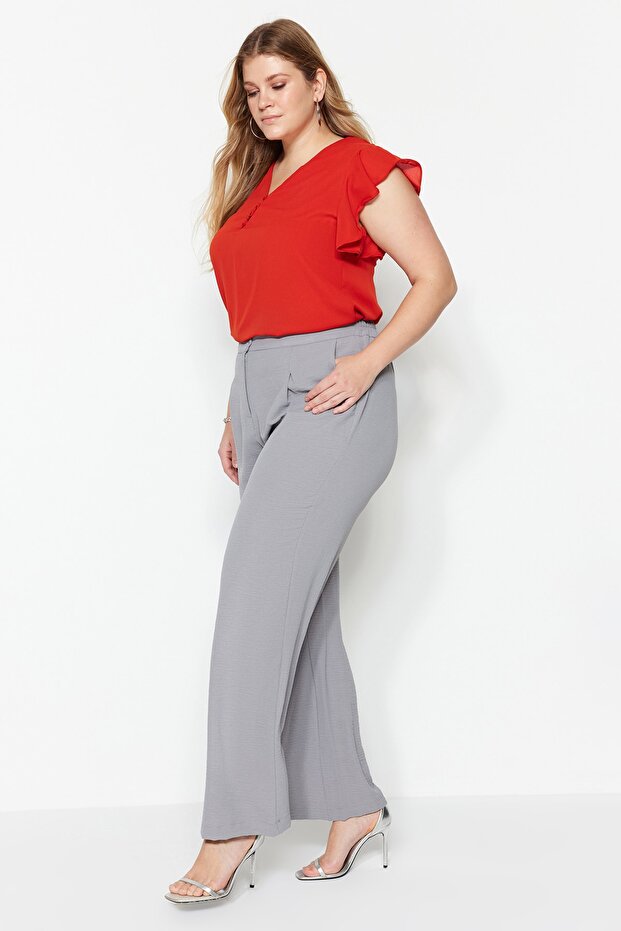 Gri Mevsimlik Wide Leg Yüksek Bel Pileli Dokuma Kumaş Pantolon TBBSS22PL0448 - 5