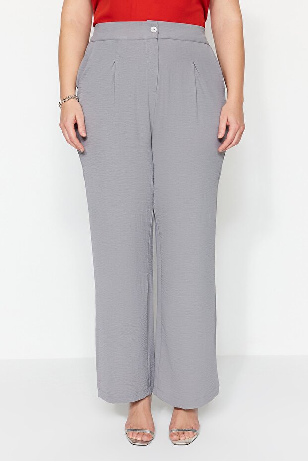 Gri Mevsimlik Wide Leg Yüksek Bel Pileli Dokuma Kumaş Pantolon TBBSS22PL0448 - 8