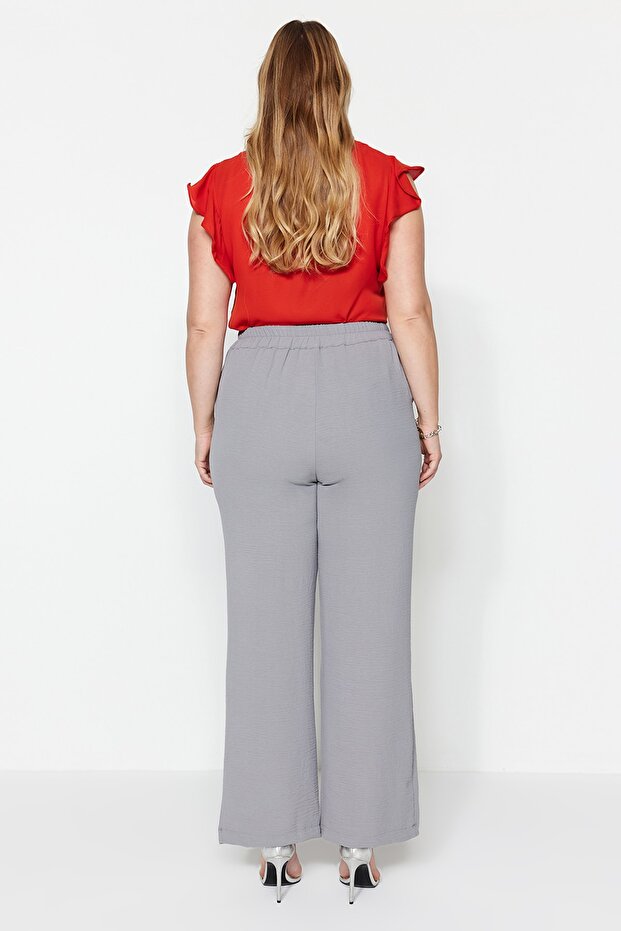 Gri Mevsimlik Wide Leg Yüksek Bel Pileli Dokuma Kumaş Pantolon TBBSS22PL0448 - 9