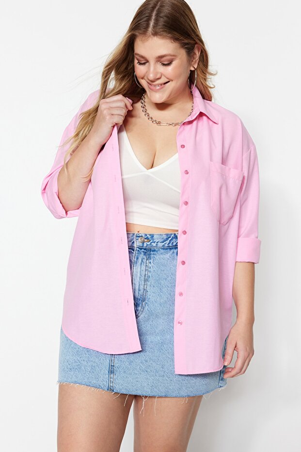 Pudra Loose Fit Pamuklu Uzun Kol Büyük Beden Dokuma Gömlek TBBSS22GO0323 - 10