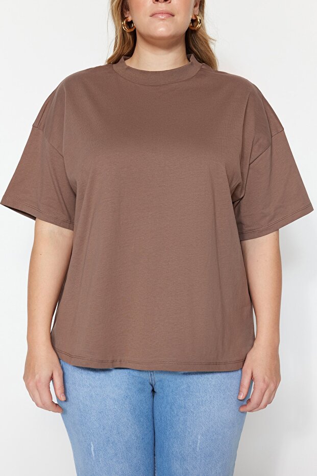 Kahverengi Yaka Ribanalı Geniş Kalıp Basic %100 Pamuk Örme T-shirt TBBSS23BF00017 - 4