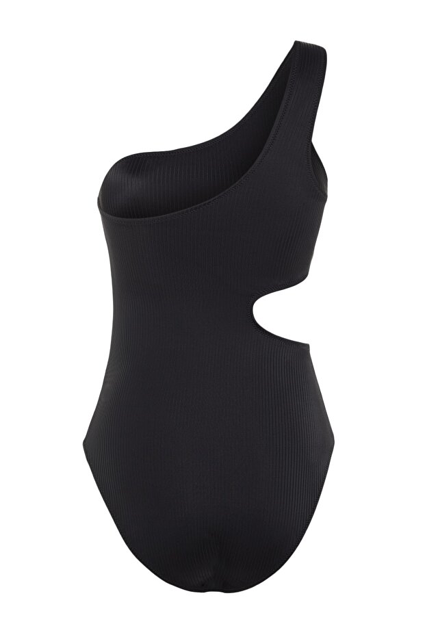Siyah Tek Omuz Cut Out Detaylı Dokulu Regular Mayo TBESS22MA0064 - 9