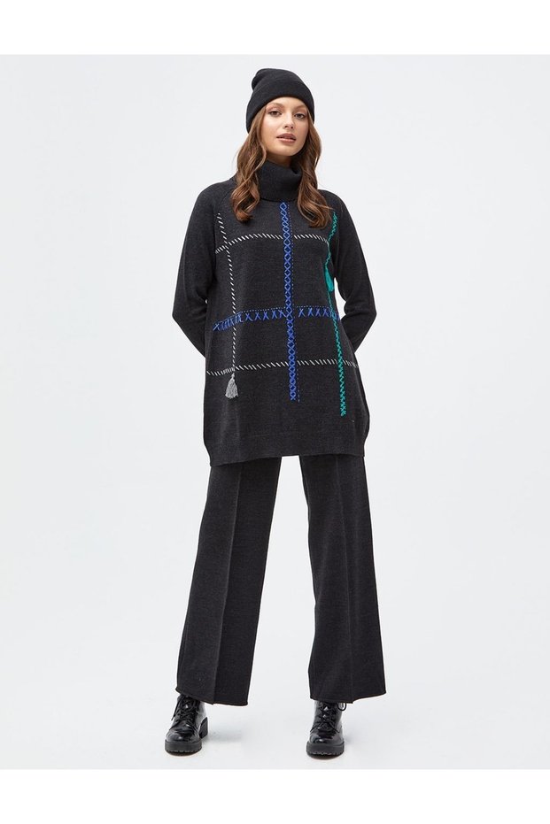 Sewn Detailed Turtleneck Knitwear Tunic Black
