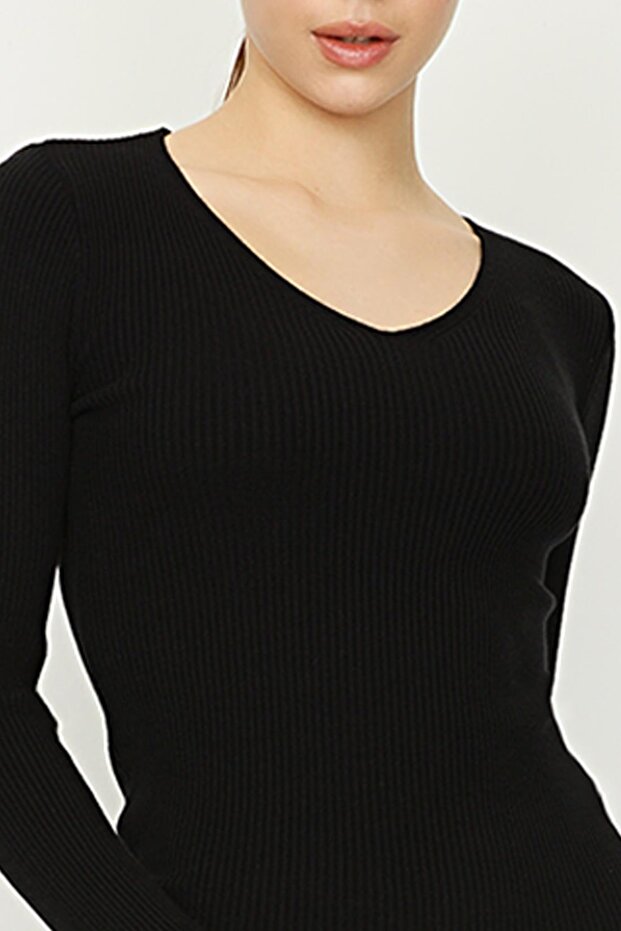 Kadın Siyah V Yaka Triko Elbise - 3