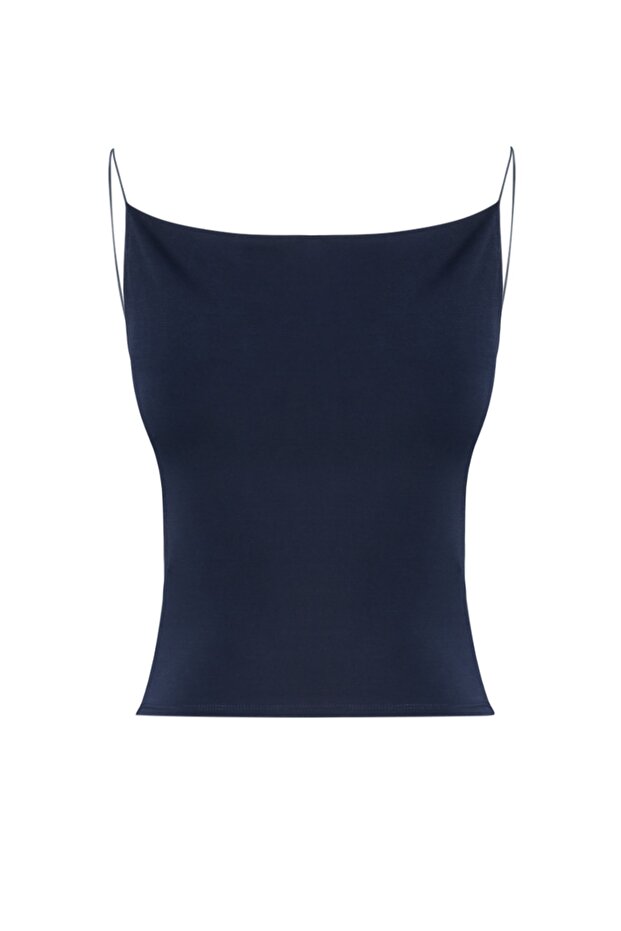 Lacivert Fitted/Vücuda Oturan Degaje Yaka Esnek Örme Bluz TWOSS21BZ0667 - 11