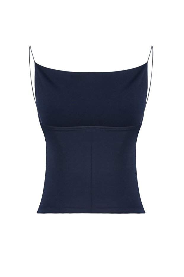 Lacivert Fitted/Vücuda Oturan Degaje Yaka Esnek Örme Bluz TWOSS21BZ0667 - 12