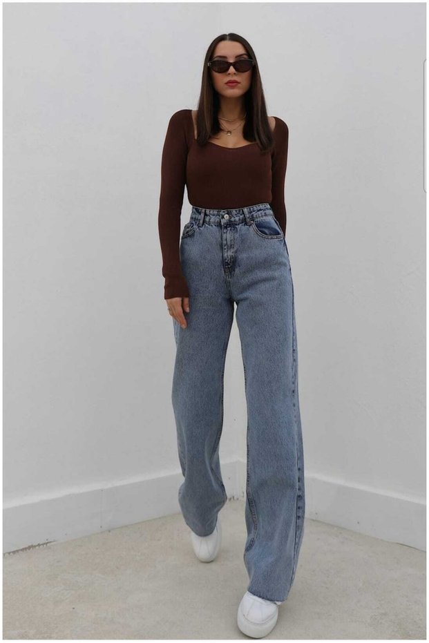 Load Women Women's Lycra Medium Snow Blue Super High Waist Loose Leg Jans Trousers