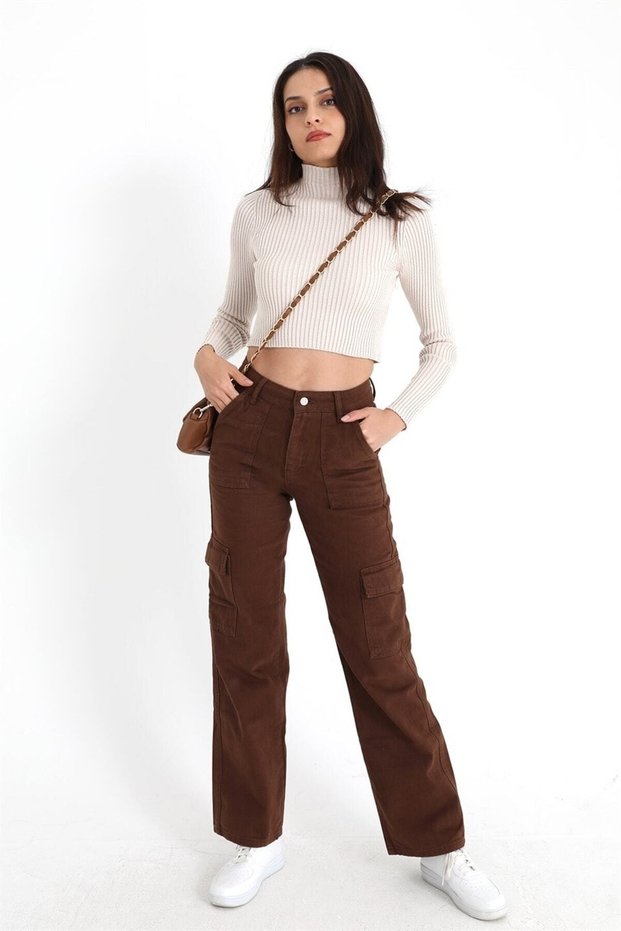 Women's High Waist Brown Cargo Pocket Jeans