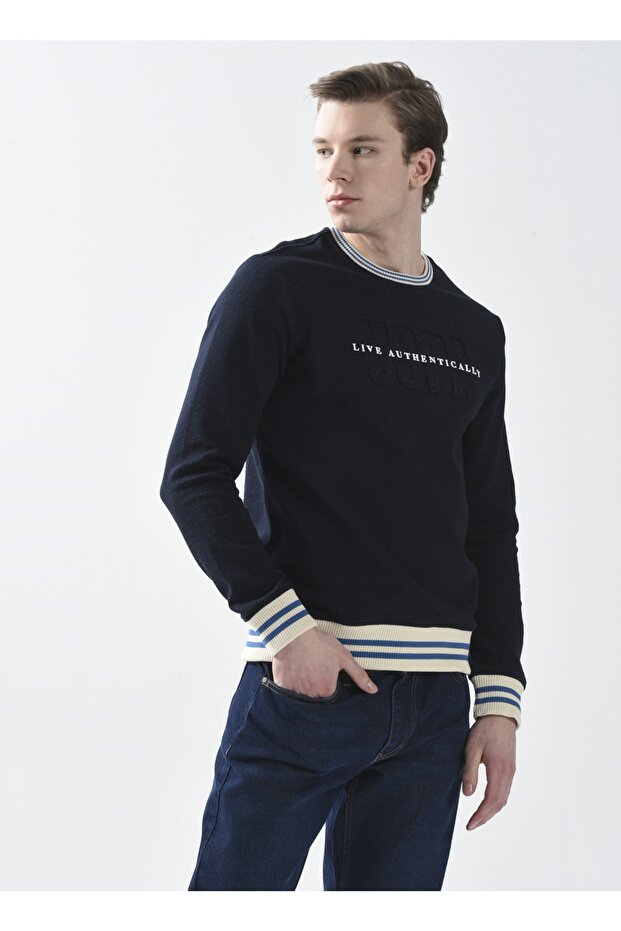 Crew Neck Navy Blue Men's Sweatshirt Beret