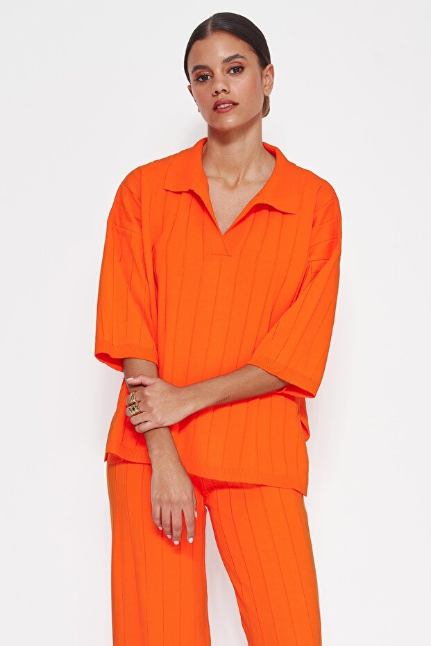 Pomarańczowy podstawowy zestaw wierzchni i dolny z dzianiny sztruksowej TWOSS23AU00029 - 2