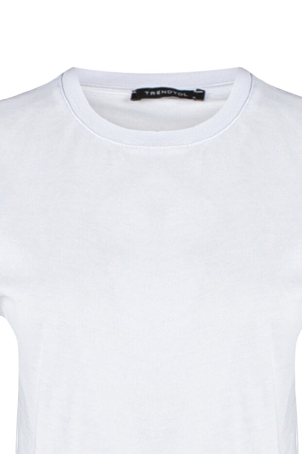 Beyaz %100 Kalın Pamuklu Crop Bisiklet Yaka Örme T-Shirt TWOSS23TS00038 - 11
