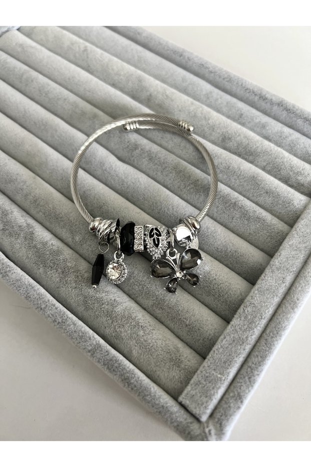 Steel Silver Full Black Stone Butterfly Model Bracelet