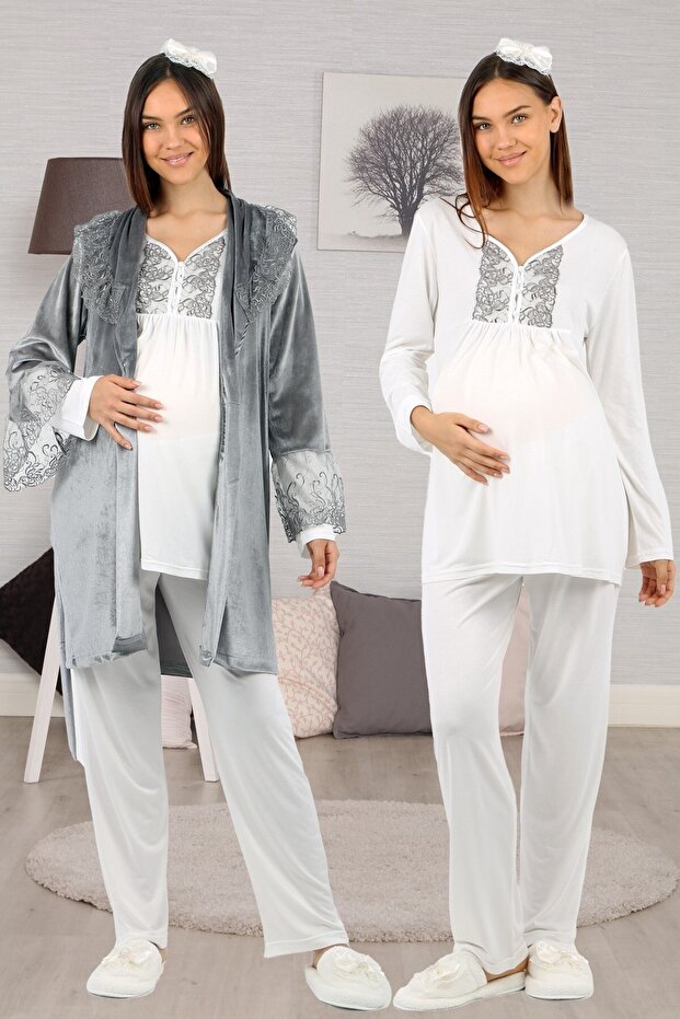 Gray Velvet Lace Maternity Pajamas Set with Dressing Gown