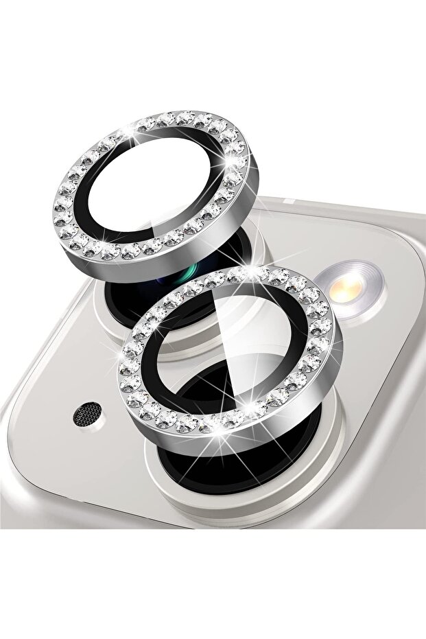 Compatible Diamond - Jewelled Silver Camera Protector for Iphone 14 & Iphone 14 Plus - 1