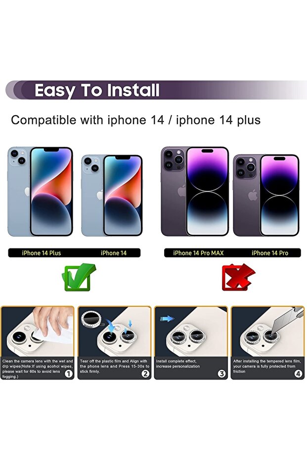 Compatible Diamond - Jewelled Silver Camera Protector for Iphone 14 & Iphone 14 Plus - 3