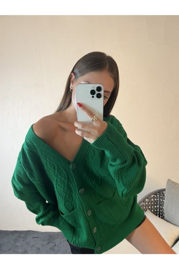 Triko Cepli Düğmeli Hırka Yeşil - 1
