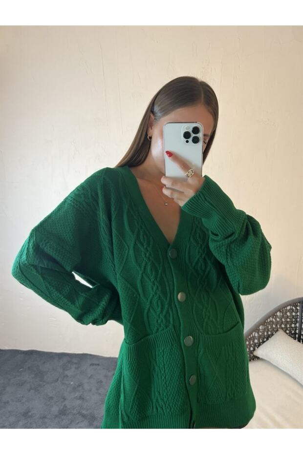 Triko Cepli Düğmeli Hırka Yeşil - 3