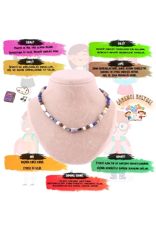 Certified Certified Student Success Necklace-Sodalite-Hawlit-Lapis-Smoky Quartz-Agate Natural Stone