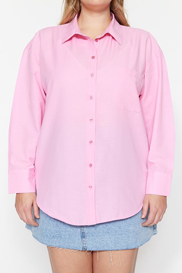 Pudra Loose Fit Pamuklu Uzun Kol Büyük Beden Dokuma Gömlek TBBSS22GO0323 - 3