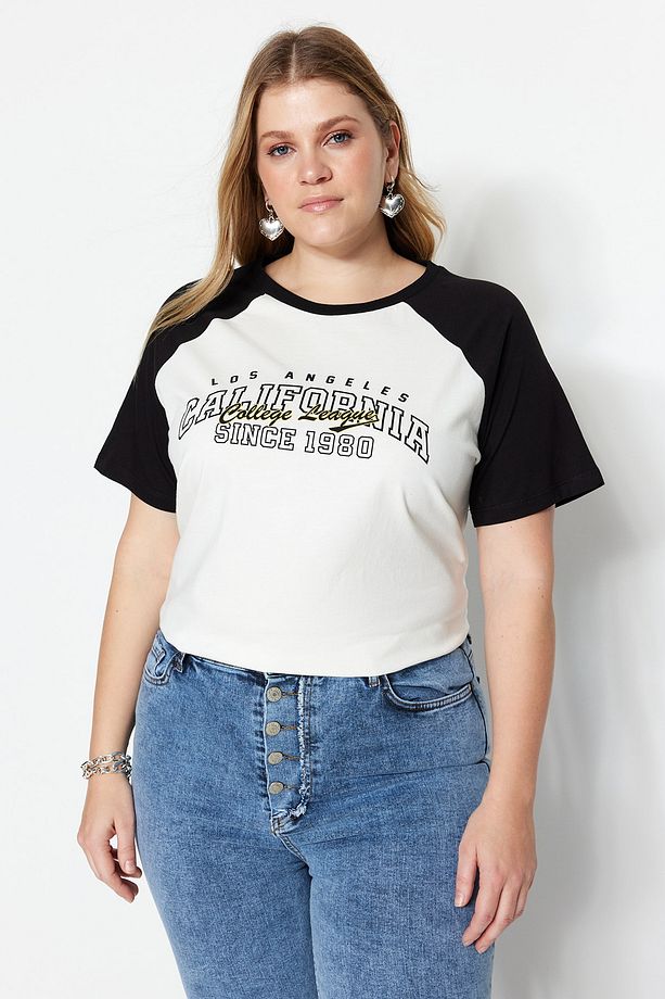 Ekru Renk Bloklu Baskılı %100 Pamuk Örme Büyük Beden T-shirt TBBSS23BF00014 - 4