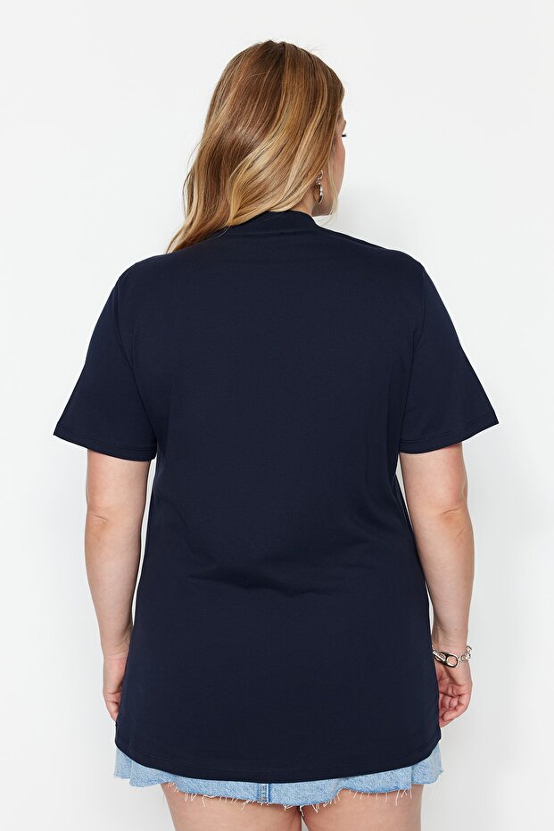 100% pamut sötétkék Boyfriend póló - bordás gallér TBBSS23BF00019 - 5