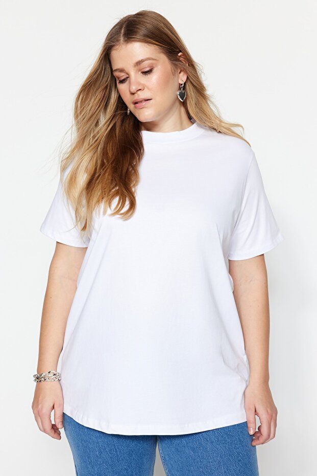 Beyaz Lacivert Yakası Ribanalı Relaxed %100 Pamuk Örme T-shirt TBBSS23BF00019 - 2