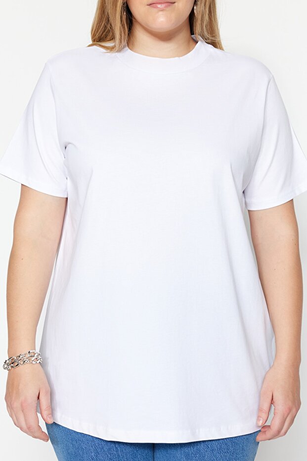 Beyaz Lacivert Yakası Ribanalı Relaxed %100 Pamuk Örme T-shirt TBBSS23BF00019 - 3