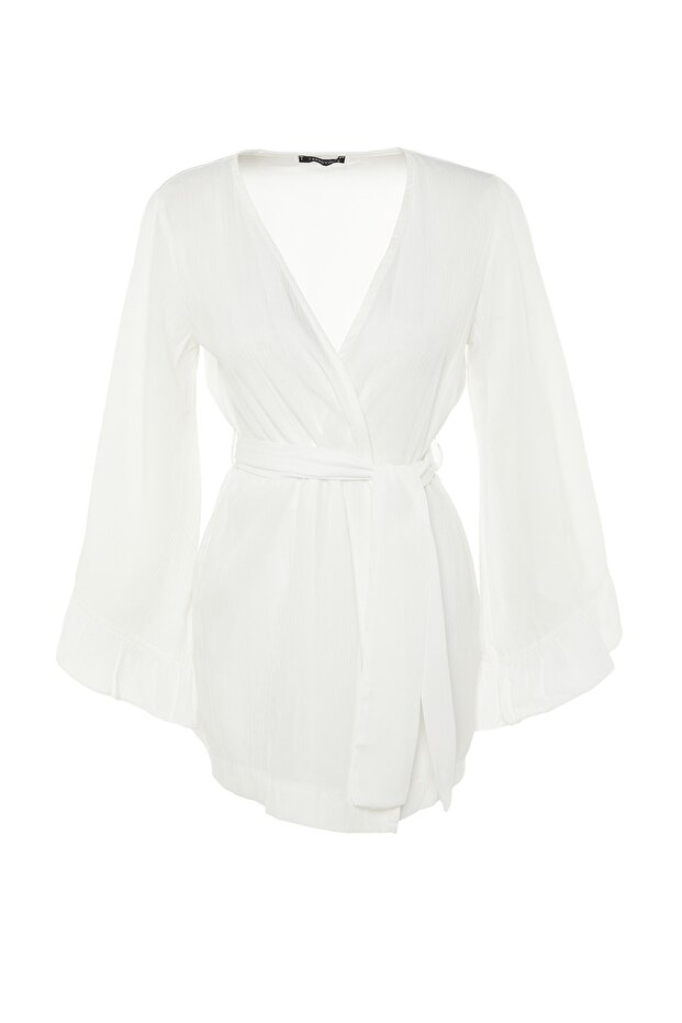 Ekru Dokuma Plaj Mini Kuşaklı Kimono&Kaftan TBESS21KM0002 - 6