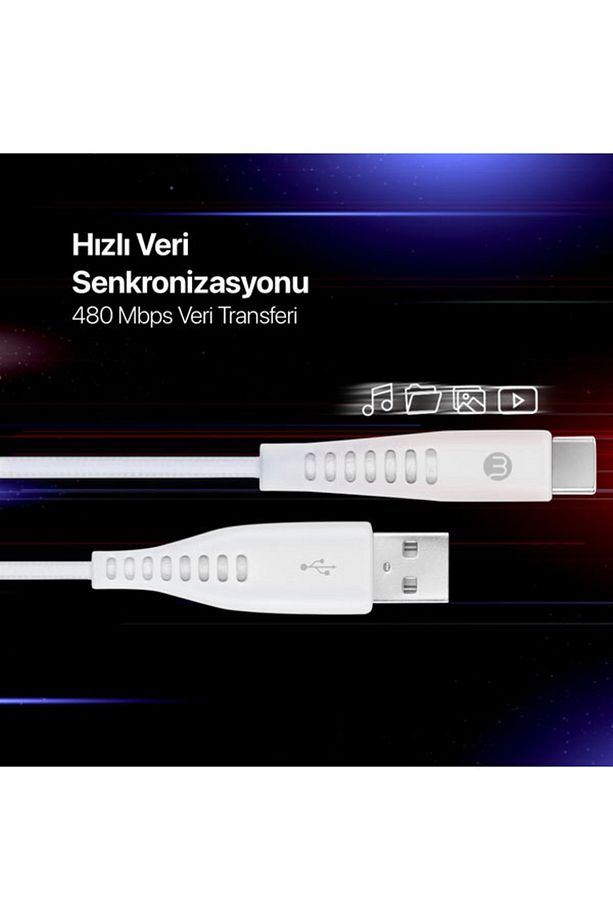 Ekstra Dayanıklı ve Uzun 200cm USB-A-USB-C 2A 480Mbps Veri Transfer Hızlı Şarj Kablosu - 5