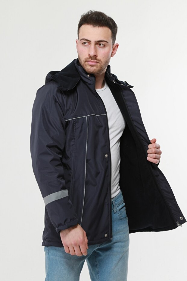 Navy Blue Reflective Hooded Work Coat - Water Repellent Sailor Coat Fisherman Coat