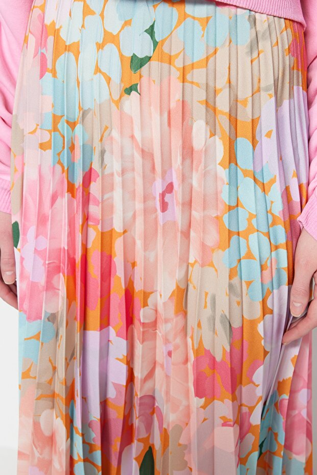 Többszínű virágmintás hajtogatott szőtt szoknya elasztikus derékkal TCTSS23EE00018 - 5