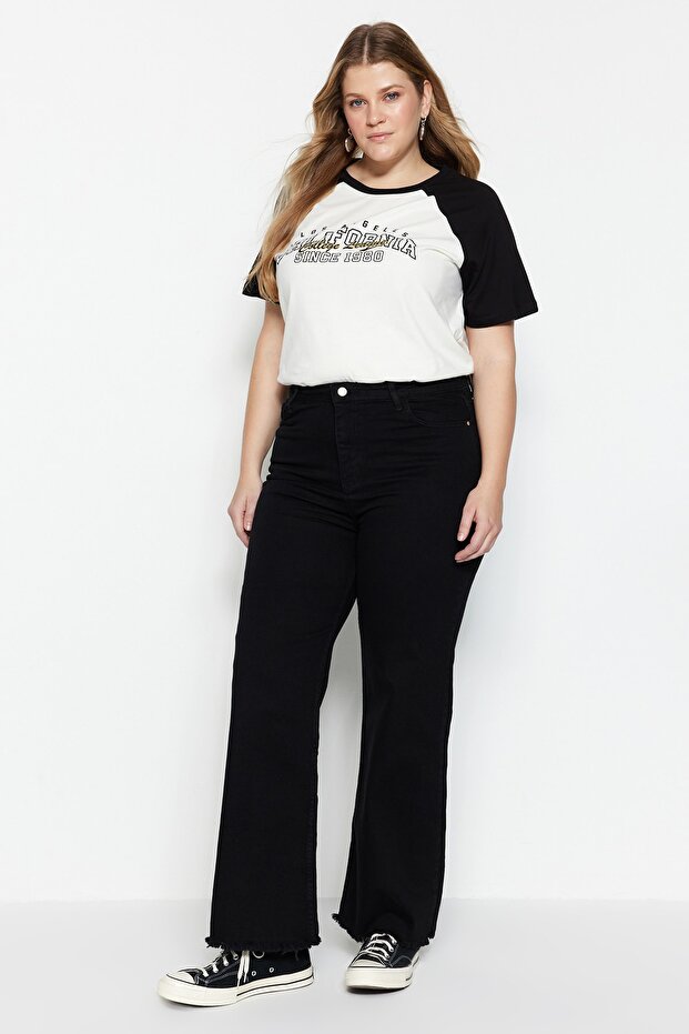 Siyah Yüksek Bel Pis Uç Detaylı Geniş Paça/Wide Leg Comfort/Orta Esnek Jeans TBBSS23CJ00009 - 5