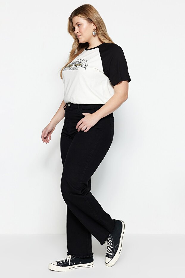 Siyah Yüksek Bel Pis Uç Detaylı Geniş Paça/Wide Leg Comfort/Orta Esnek Jeans TBBSS23CJ00009 - 7