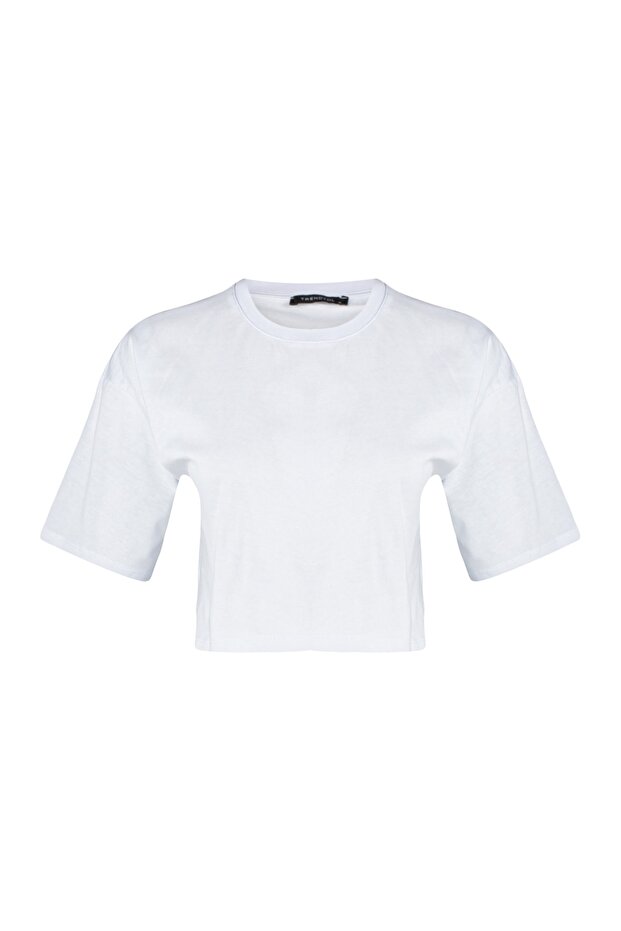 Beyaz %100 Kalın Pamuklu Crop Bisiklet Yaka Örme T-Shirt TWOSS23TS00038 - 10