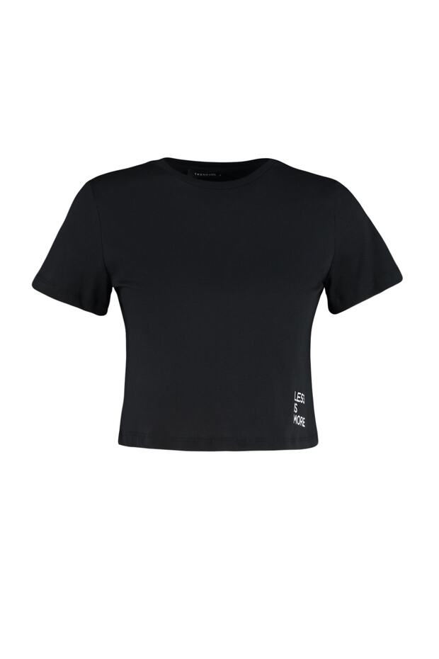 Siyah %100 Pamuk Slogan Baskılı Crop Bisiklet Yaka Örme T-Shirt TWOSS23TS00125 - 6
