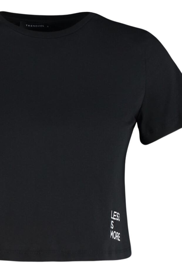 Siyah %100 Pamuk Slogan Baskılı Crop Bisiklet Yaka Örme T-Shirt TWOSS23TS00125 - 7