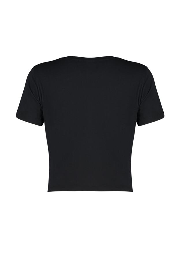 Siyah %100 Pamuk Slogan Baskılı Crop Bisiklet Yaka Örme T-Shirt TWOSS23TS00125 - 8
