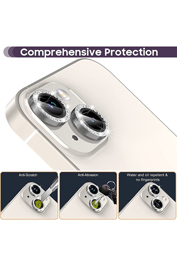 Compatible Diamond - Jewelled Silver Camera Protector for Iphone 14 & Iphone 14 Plus - 6