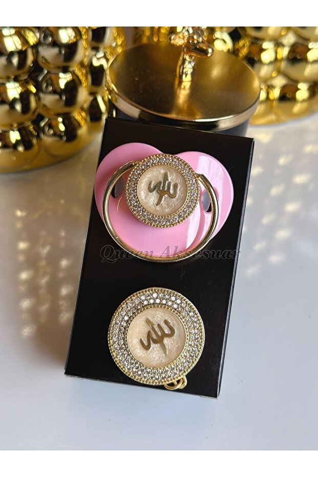 Imported Luxury Allah Written Logo Pink Baby Girl Crystal Stone Pacifier Chain Strap Gift Set