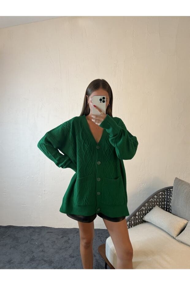 Triko Cepli Düğmeli Hırka Yeşil - 2