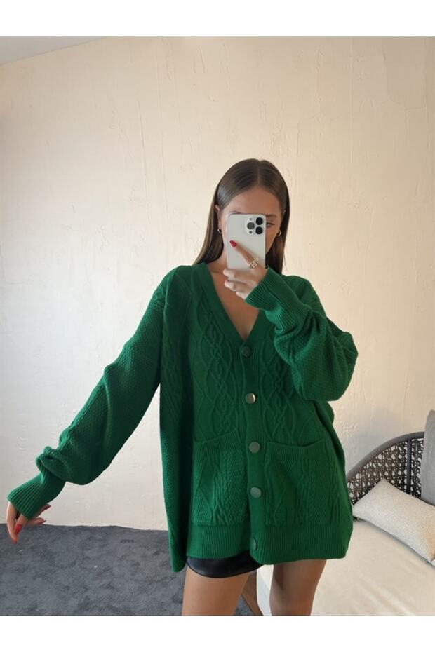 Triko Cepli Düğmeli Hırka Yeşil - 5