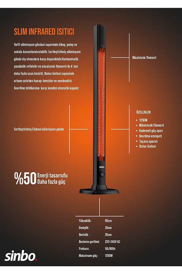 SFH-6918 Slim Kule Tipi Dikey Devrilme Emniyetli 1250 W Infrared Isıtıcı - 1