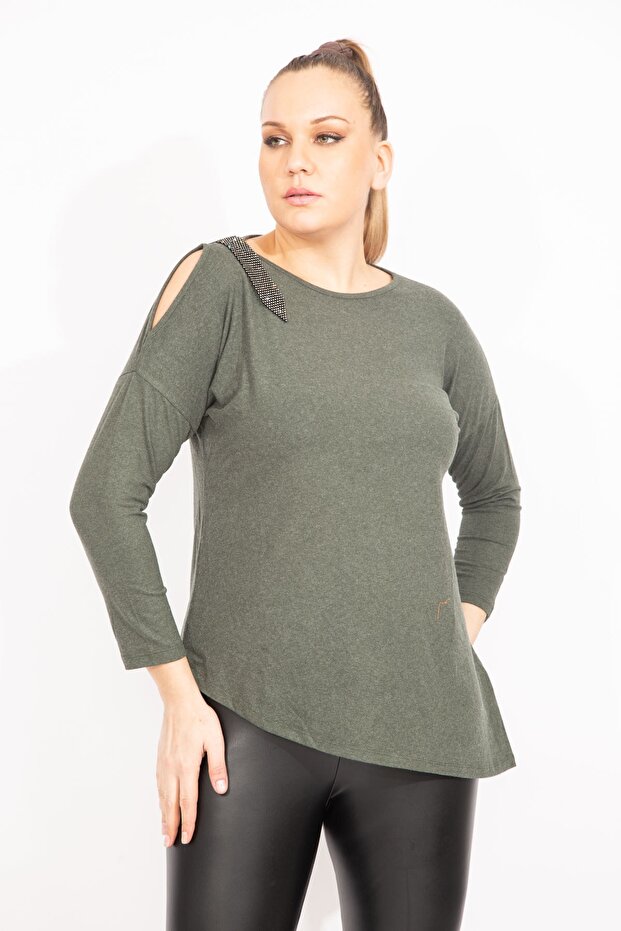 Women's Large Size Green One Shoulder Low-cut Stone Detailed Blouse 65n35426