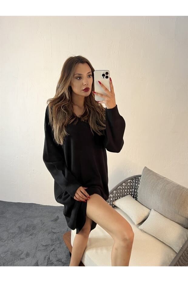 Triko V Yaka Elbise Siyah - 2